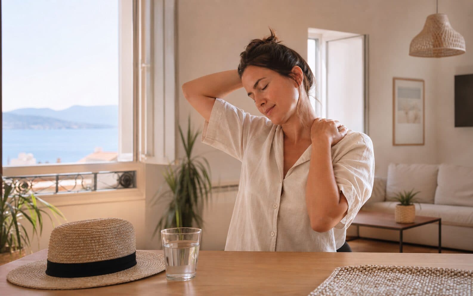 Femme qui étire doucement sa nuque dans un appartement lumineux à Ajaccio avec un verre d'eau posé sur la table