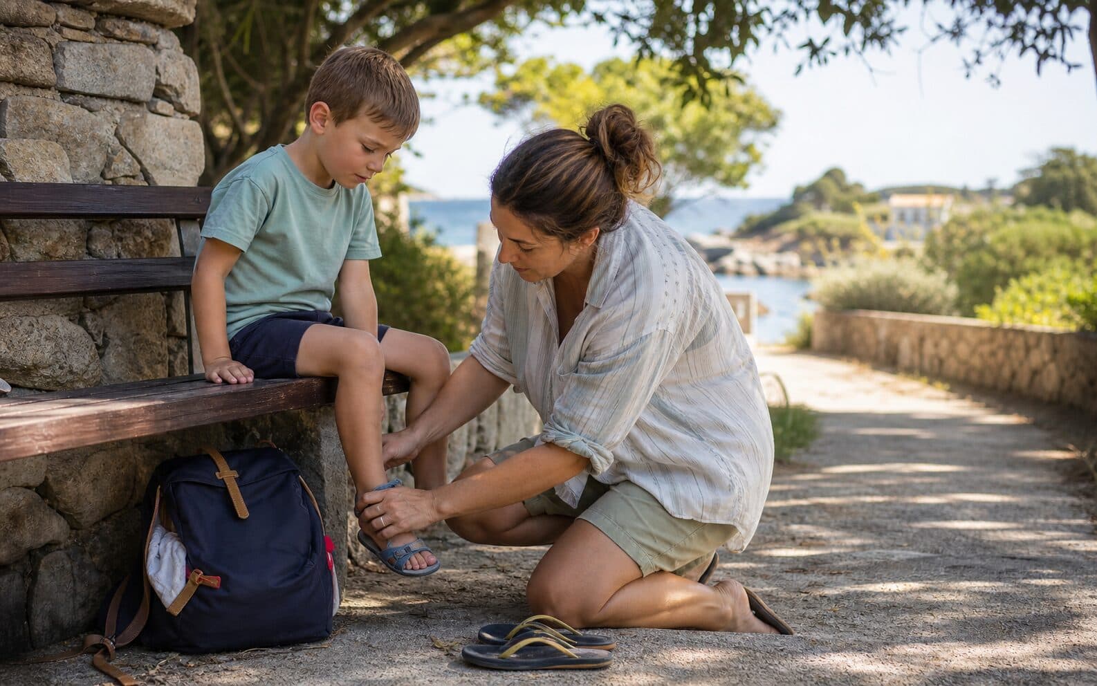 Parent qui aide un enfant à ajuster sa sandale sur un chemin ombragé en Corse
