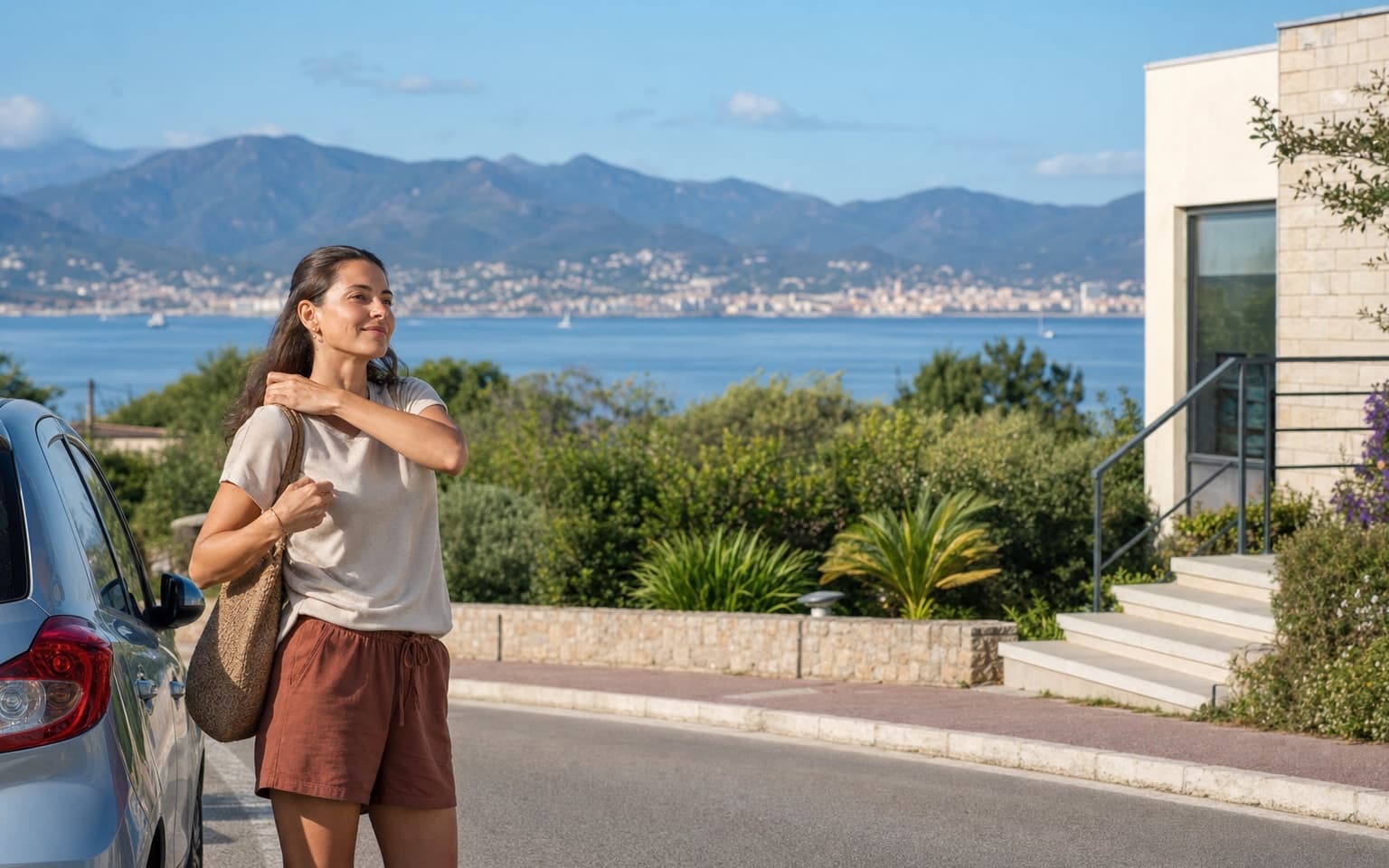 Patiente arrivant à un rendez-vous à Porticcio avec le golfe d'Ajaccio en arrière-plan