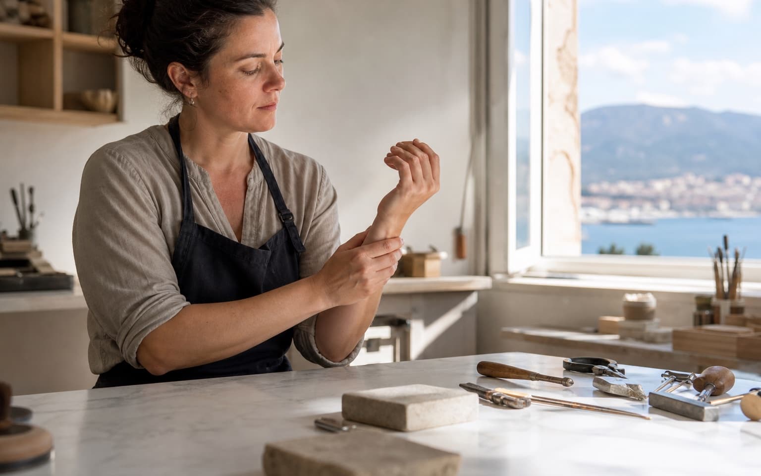 Artisane faisant une pause et mobilisant doucement son poignet dans son atelier