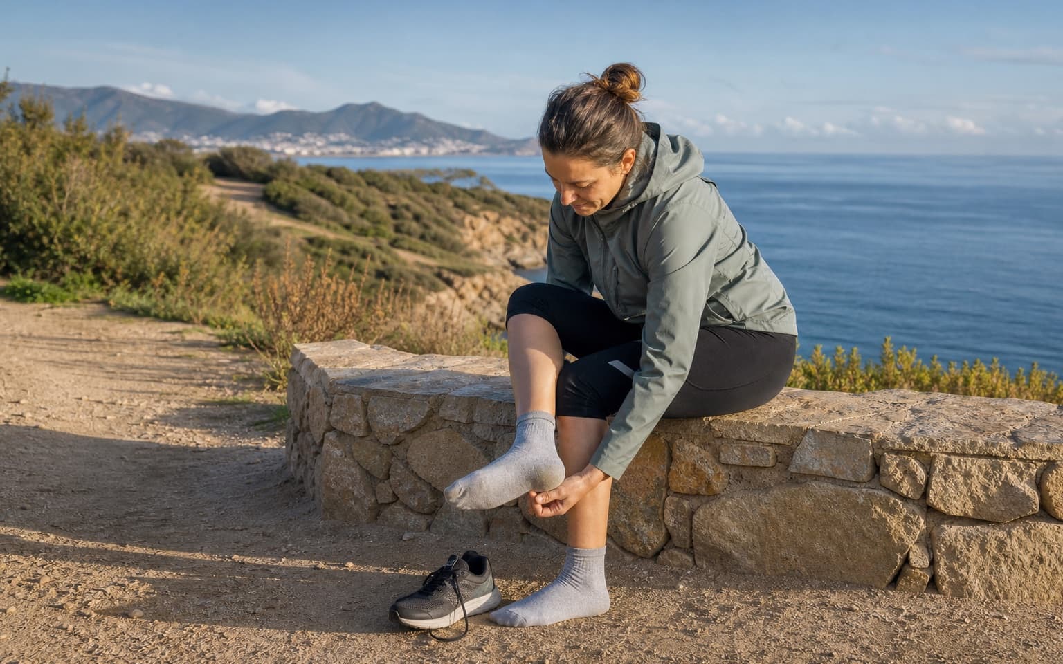 Marcheuse examinant doucement son talon après une promenade sur le littoral ajaccien