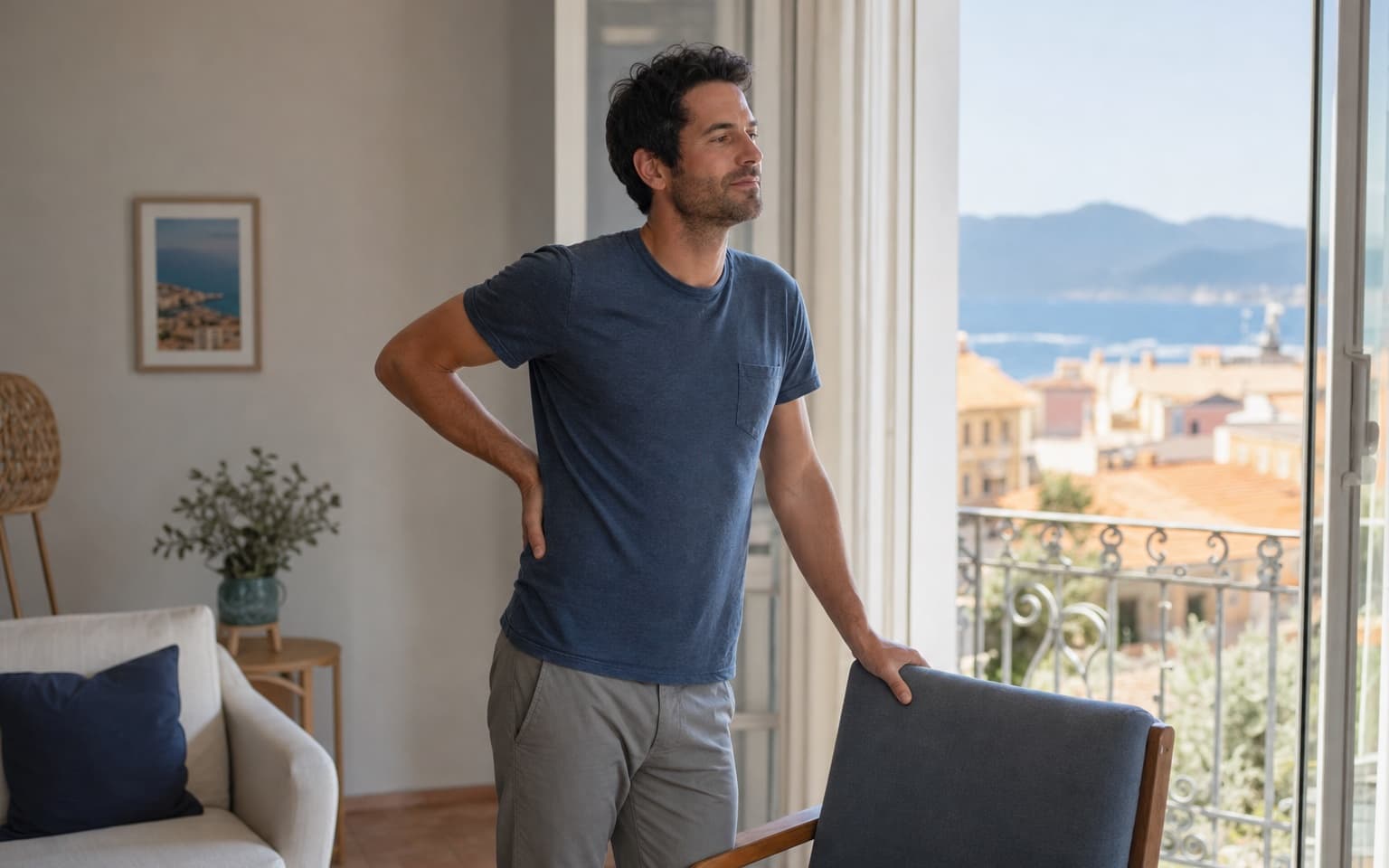 Homme se relevant d’une chaise avec une gêne légère dans le bas du dos à Ajaccio