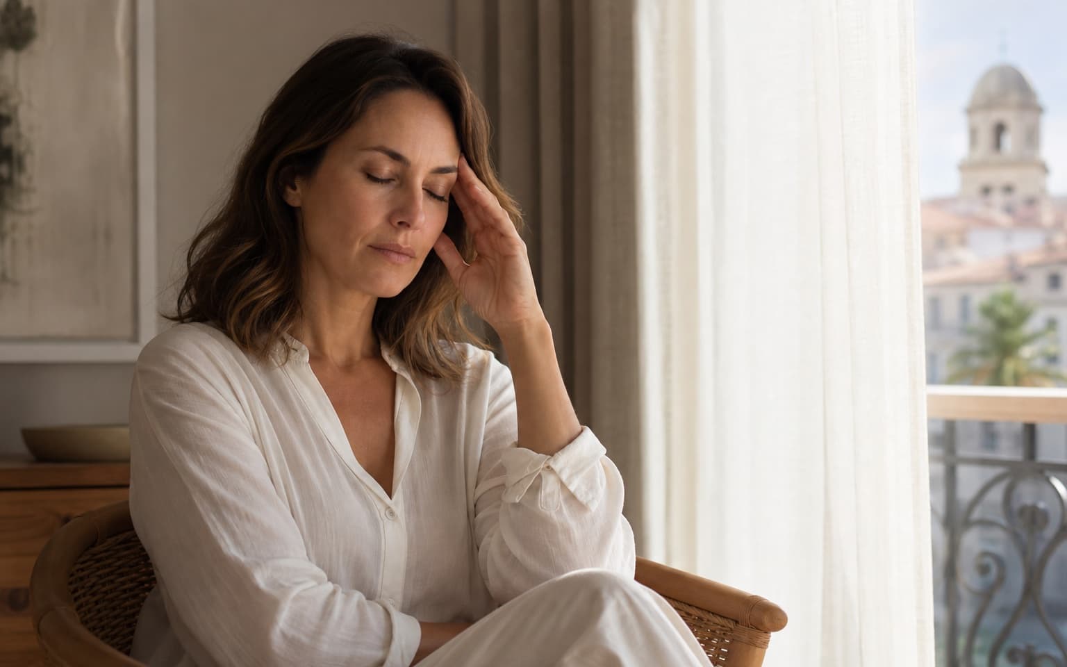 Femme au calme près d’une fenêtre ombragée pendant une migraine à Ajaccio