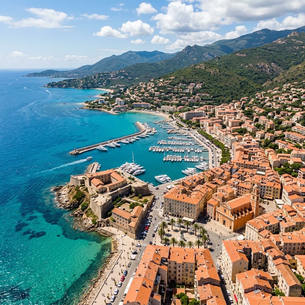 Vue aérienne d'Ajaccio, Corse : baie turquoise et toits en terre cuite