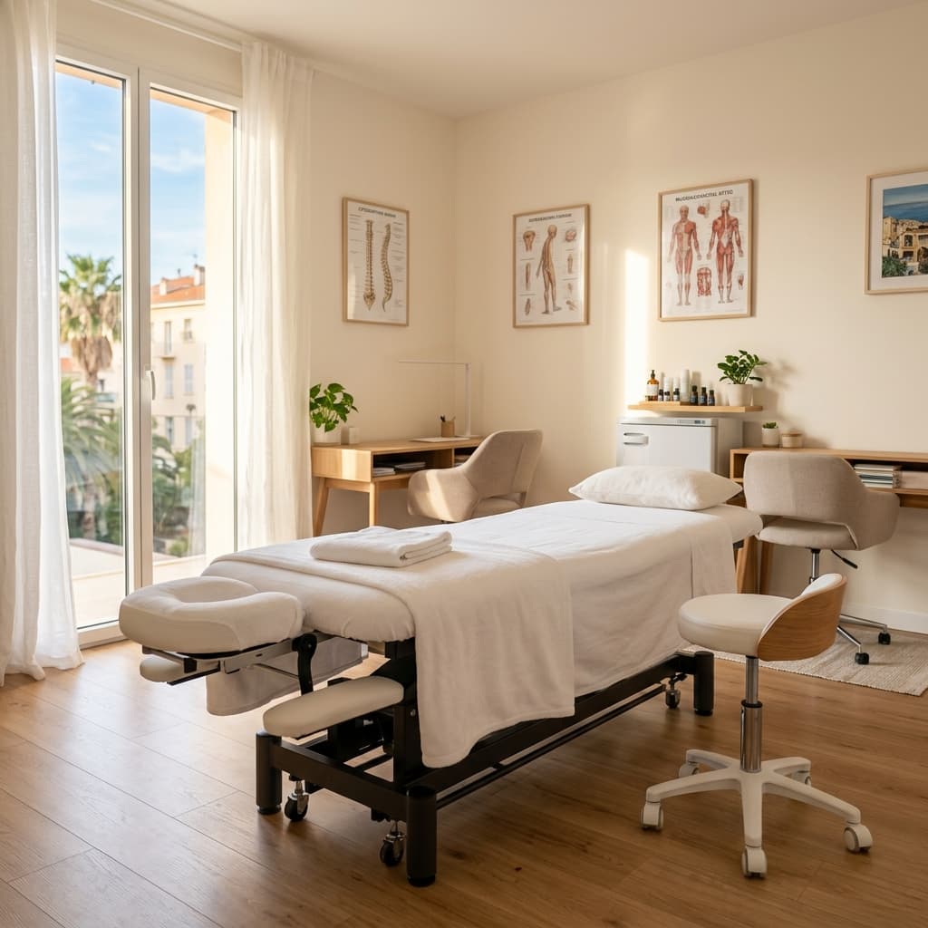 Cabinet d'ostéopathie lumineux et professionnel à Ajaccio, table de pratique confortable