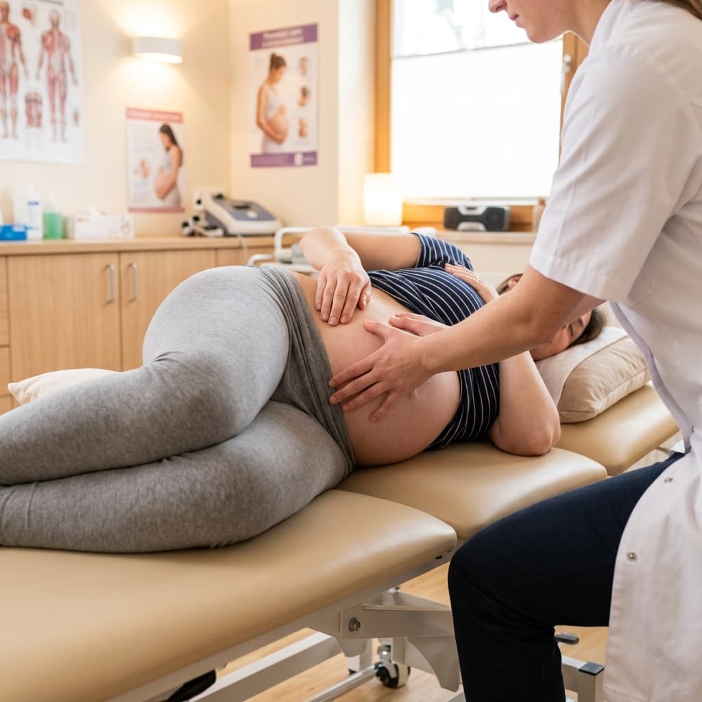 Femme enceinte sereine et épanouie soignée par une ostéopathe